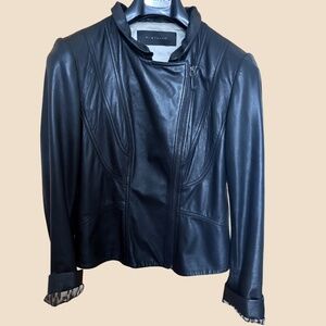 Elie Tahari Black Leather jacket w/ Scalloped Collar and Print Satin Lining